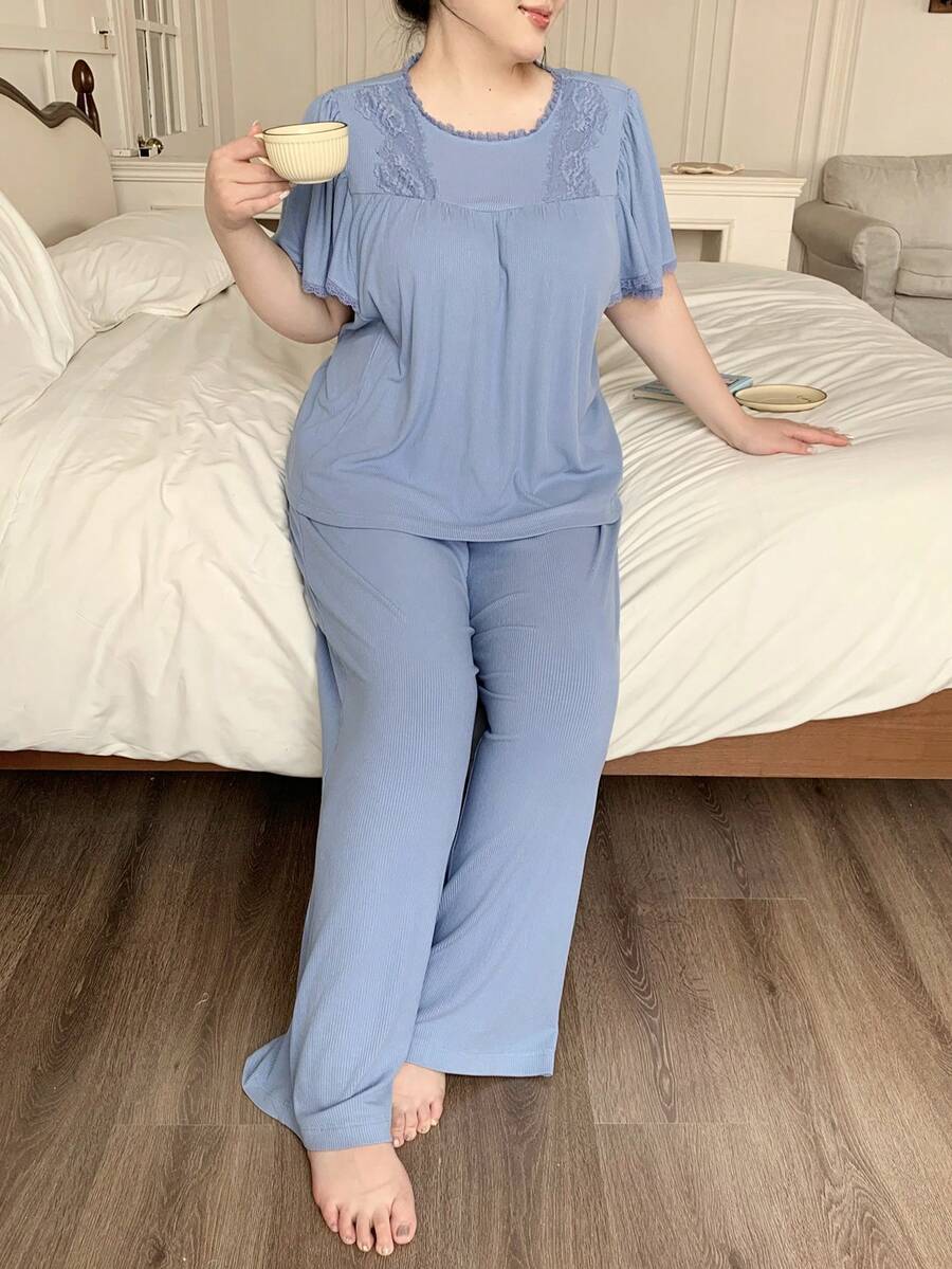 Dazy Plus 两件套睡衣，撞色蕾丝宽松短袖上衣和长裤，优雅春夏睡衣 - 藍色 - 查看 1