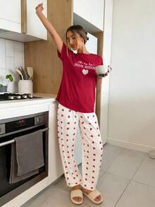 Aloruh Women's Valentine's Day Heart Print Casual 2 Pieces Set - Red - View 5