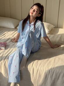 DAZY Tween Girls Heart Print Contrast Trim Loungewear Set, Fall Spring - Blue - View 6