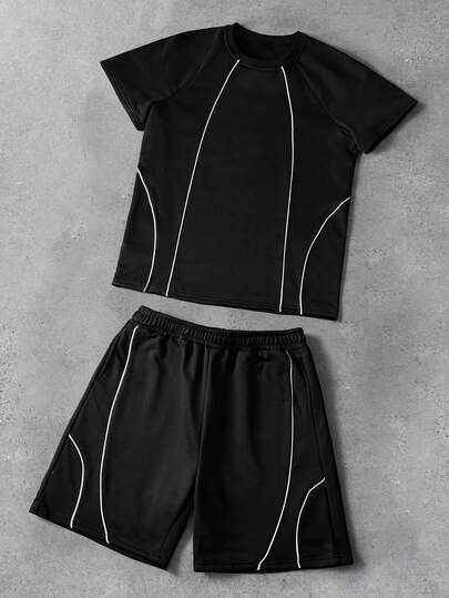 PAVTROS 男士罗纹插肩袖T恤，反光条纹拼接短袖短裤，休闲运动款