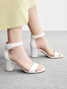 CUCCOO BIZCHIC 女士夏季新款圆头粗跟高跟米色踝带时尚经典简约舒适通勤凉鞋 - 白色 - 查看 3