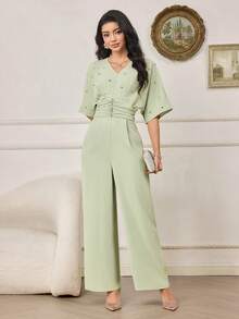 Modelyn Bộ áo liền quần đính đá lấp lánh thời trang mới dành cho nữ - Màu xanh Bạc hà - Xem 5