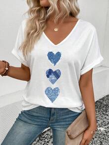 EMERY ROSE Fashionable Casual New White Front Panel Denim Heart Print T-Shirt - White - View 6