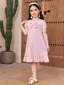 Loose Casual Round Neck Puff Sleeve Bow Decor Dress,Cerise Pink,Summer,Fairy,Party Loungewear For Young Girls Mother Daughter Matching Lace Collar - Dusty Pink - View 3
