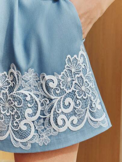  Anewsta New Fashionable Elegant Casual Lace Patchwork Hem Pocket Shorts For Women