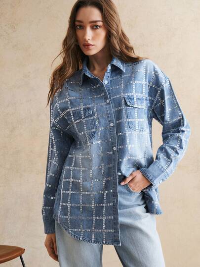 Anewsta Women's Romantic Sparkling Diamond Embellished Long Sleeve Shirt, Suitable For Party, Vacation, Valentine's Day