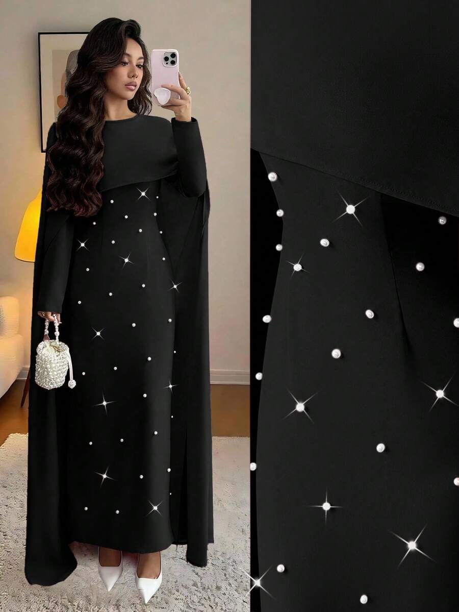 Elenzga Đầm dự tiệc Maxi dài tay dài cổ tròn đính ngọc trai trang trí hình ô dù thu/đông ôm sát eo, thanh lịch và đa năng cho nữ - màu đen - Xem 1