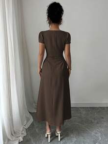 Elenzga Đầm midi nữ thanh lịch màu trơn cổ vuông, thắt eo, tay phồng, thích hợp cho kỳ nghỉ, tiệc trà chiều, mùa xuân/hè. - Màu nâu Sô-cô-la - Xem 2