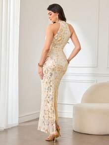 Modelyn Elegant Sequin Embroidered Luxury Women's Dress, Slimming - Apricot - View 2