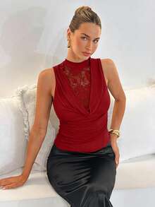 SHEIN Clasi Áo kiểu dáng thời trang đa năng dành cho nữ cỡ lớn, cổ tàu, phối ren, bèo nhún, thích hợp cho hẹn hò và dự tiệc. - Đỏ - Xem 4