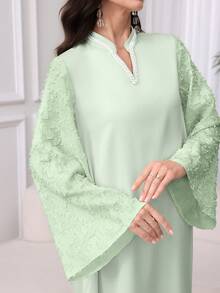 Al Najma 酒红色女士V领喇叭袖仿珍珠装饰优雅阿拉伯连衣裙，优雅端庄魅力束腰长袍阿拉伯连衣裙，适合晚宴/日常休闲穿着 - 綠色 - 查看 3