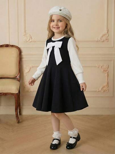PrepCrw 1 pieza Vestido negro y blanco elegante y urbano de estilo preppy para niñas jóvenes con cuello redondo, mangas abultadas y decoración de lazo blanco, adecuado para salidas casuales, reuniones, vacaciones, fiestas, otoño/invierno, Navidad