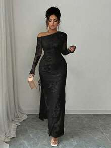 Rafferiza Đầm dài tay màu trơn dành cho nữ, phối lưới jacquard, cổ áo bất đối xứng và xẻ tà. - màu đen - Xem 7