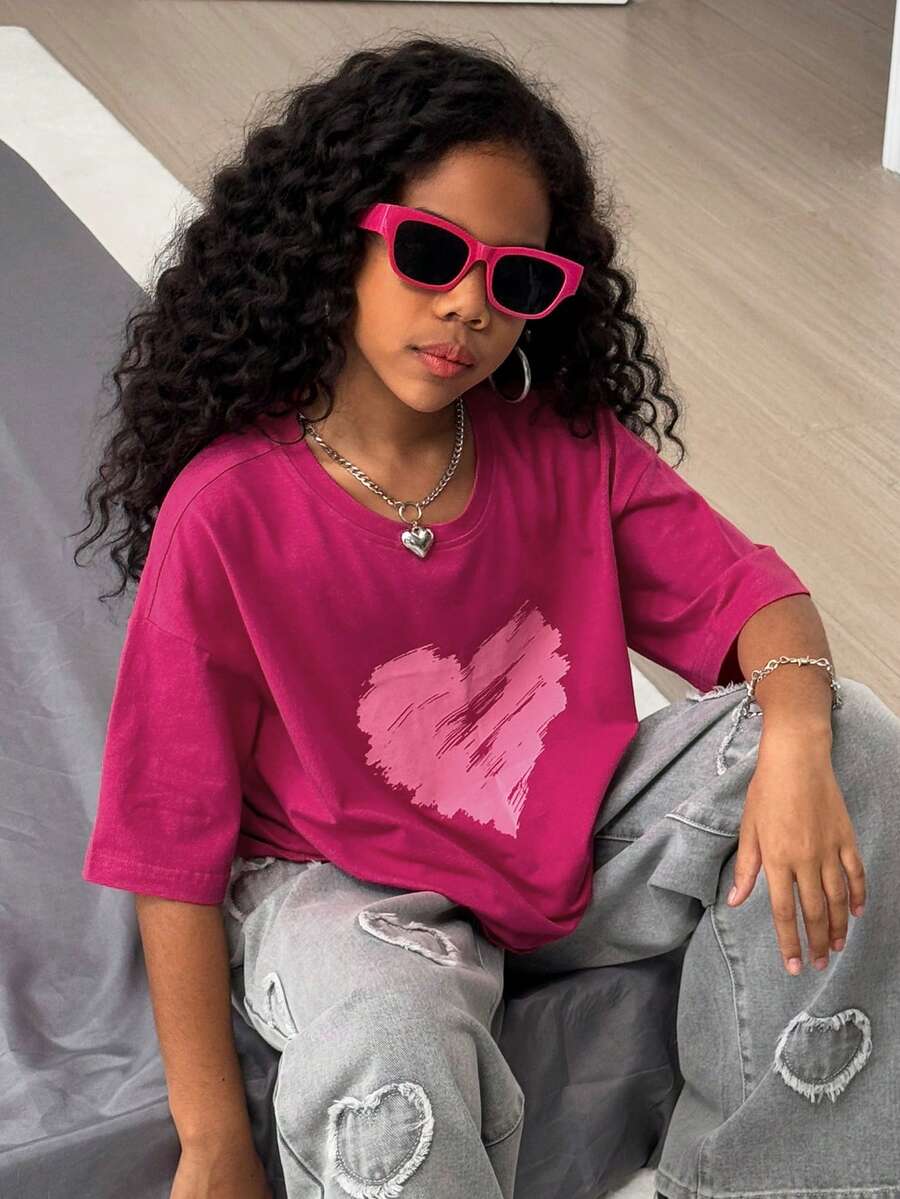 Dazy Kids Tween Girls' Round Neck Printed Short Sleeve Casual T-Shirt Spring Long Sleeve Tops Women - Hot Pink - View 1