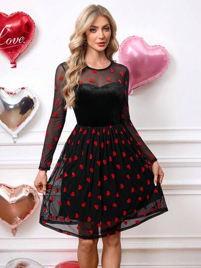 SHEIN Clasi Lace Patchwork Shiny Velvet Silver Foil Long Sleeve Midi Party Dress For Women