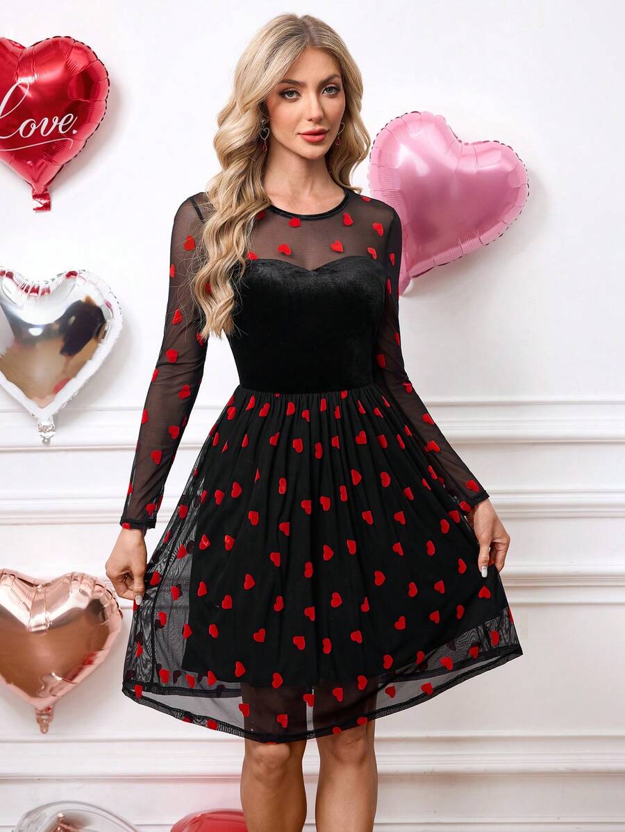 SHEIN Clasi Đầm dự tiệc dài tay midi bằng nhung bóng phối ren và ánh nhũ bạc dành cho nữ - Đỏ và đen - Xem 1