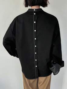 FRIFUL Blusa casual holgada de unicolor para mujer con botones en contraste, costuras en contraste y abertura lateral, versátil para primavera, 100% algodón, diseño escolar - Negro - Ver 6