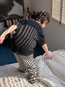 DAZY Tween Boy Letter Print Drop Shoulder Loose Black Top And Striped Pants Pajama Set Spring - Black - View 8