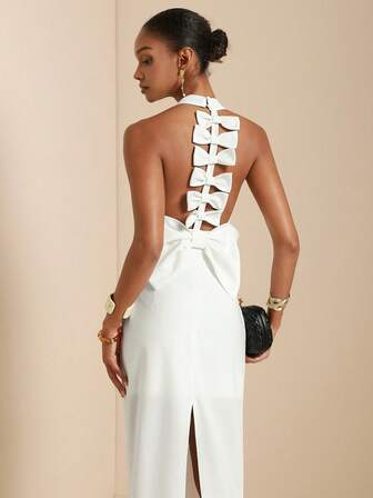 SHEIN Veneréa 女士露背长款蝴蝶结连衣裙