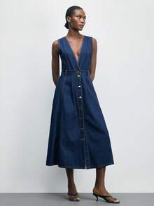 Maija Women's Casual Classic Washed Denim Pinafore Dress With Button Opening And Slit, Fashion Versatile Sleeveless Long Dress - Dark Wash - View 1