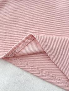 少女春夏休闲风，清新少女风，美式BM风格，Y2K风格，粉白撞色罗纹针织拼接蕾丝荷叶边蝴蝶结修身短袖T恤 - 粉色 - 查看 6