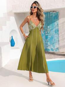 Vivid Eden 女士印花撞色滚边开衩口袋无袖中长连衣裙 - 綠色 - 查看 6