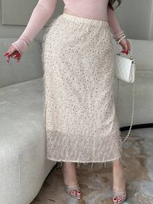 Dazy Plus Chân váy dài bằng chiffon dáng suông, cạp chun, đính cườm và thêu, xẻ tà sau, màu hồng thanh lịch, thích hợp cho lễ hội Carnival. - Hồng - Xem 7