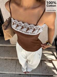 Siren Gaze 2025 Women's Spring/Summer New Design Lace Trim Camisole Top, Unique Minimalist Short Cropped Camisole Milkmaid Top Brown Top Lace Top Brown Lace Top Lace Cami Lace Trim Top Milkmaid Style Top Lace Cami Top Brown Camisole - Coffee Brown - View 4
