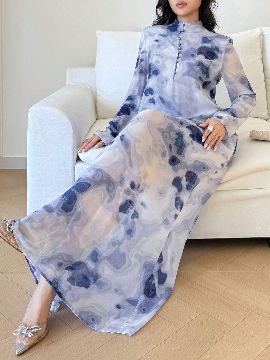 Yasmyna 女士印花立领优雅长袖土耳其长袍和阿拉伯传统罩袍 - 彩色 - 查看 1