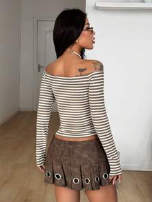 Coolane Women's Spring/Summer Daily Wear Streetwear Basic Y2K Rib Knit Comfortable Striped Basic Off The Shoulder Stripe Long Sleeve T-Shirt - White - View 2