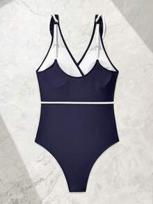 Swim Chiccia 1 bộ đồ bơi liền thân nữ màu trơn phối tương phản, cổ chữ V xếp nếp, dây đeo có thể điều chỉnh, hở lưng, thanh lịch. - Màu xanh hải quân - Xem 7