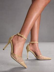 CUCCOO SZL Champagne Color Pointy Toe High Heels With Rhinestones & Mesh Panels, Glittery Luxurious Party Wedding Shoes For Women Valentine's Day - Gold - View 3