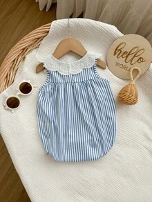 Newborn Baby Girl Cute Summer Casual Vacation Striped Ruffle Sleeveless Bodysuit - Blue - View 2