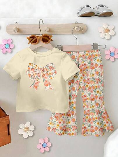 2pcs Baby Girls Loose Apricot Round Neck Short Sleeve T-Shirt + Floral Print Bowknot Leggings Set, Suitable For All Seasons, Casual Cute Outfit For Spring, Summer, Autumn, Winter 100 Cotton Baby Girl Outfit Baby Girl Princess Casual Pant Sets Toddler Sets Summer Baby Girl Summer Clothes Baby Girls Sets Baby Girls Two Piece Set