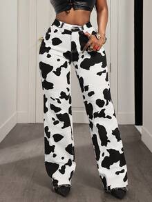 BamGleam Women's Casual Western Vacation Style Cow Print Straight Leg Jeans - Multicolor - View 5
