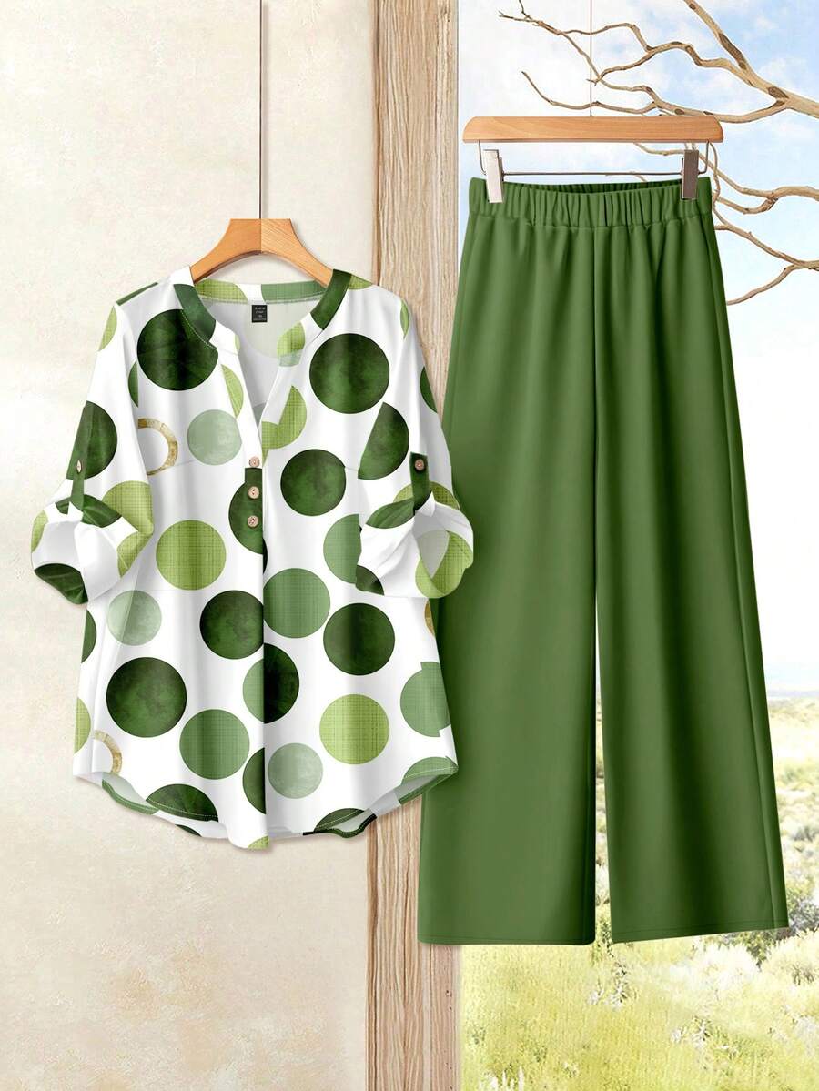 EMERY ROSE Bộ đồ 2 món gồm áo cổ khoét in chấm bi cỡ lớn và quần ống rộng màu trơn, thích hợp cho kỳ nghỉ xuân/hè. - Nhiều màu - Xem 1
