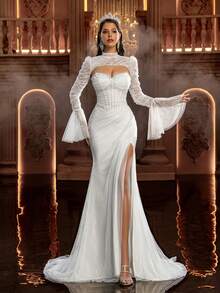 Glamrae Elegant Romantic Full Lace Strapless Neckline Luxurious Hand-Sewn Beaded Fishbone Trim Waist Slimming Ruched Side High Slit Fishtail Extra Long Train (Comes With Detachable Sheer Long Sleeve Shawl) Wedding Gown For Bridal, Beach Wedding, Garden Wedding, Church Wedding - White - View 1