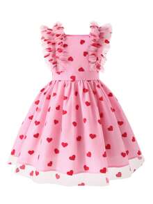 1pc Girls' Heart Flocked & Mesh Waist Cinched Dress, Suitable For Daily And Vacation Wear, Summer - Multicolor - View 3