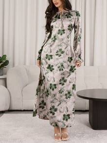 Veilorie 女士印花系领喇叭袖优雅阿拉伯风格连衣裙 - 彩色 - 查看 5