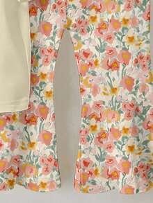 2pcs Baby Girls Loose Apricot Round Neck Short Sleeve T-Shirt + Floral Print Bowknot Leggings Set, Suitable For All Seasons, Casual Cute Outfit For Spring, Summer, Autumn, Winter 100 Cotton Baby Girl Outfit Baby Girl Princess Casual Pant Sets Toddler Sets Summer Baby Girl Summer Clothes Baby Girls Sets Baby Girls Two Piece Set - Apricot - View 5