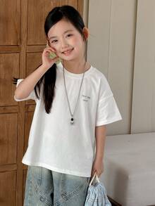 Dazy Kids 女童棕榈树印花宽松圆领落肩T恤 - 米色 - 查看 4