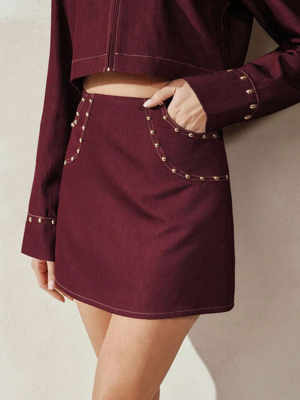 Anewsta Burgundy Mini Skirt For Women Casual Zipper Straight Fit Woven Fabric With Decorative Studs