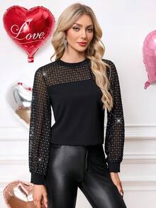 SHEIN Clasi Women's Elegant Commuter Patchwork Rhinestone Mesh T-Shirt Black Mesh Top - Black - View 5