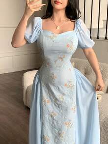 Modelyn 时尚浪漫假日特供白色女式连衣裙 - 淺藍色 - 查看 5
