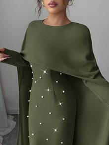 Elenzga 女士秋冬针织圆领长袖伞裙珍珠装饰修身长款派对连衣裙，优雅百搭 - 綠色 - 查看 4