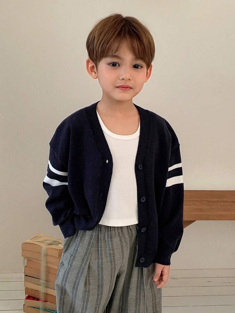 DAZY Young Boy Patchwork Striped Long Sleeve Single-Breasted Casual Knit Cardigan Spring - Navy Blue - View 1