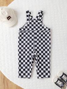 SHEIN Unisex Baby Checkered Suspender Pants, Casual & Cute, Spring/Summer Baby Boy Clothes, Streetwear - Black and White - View 2