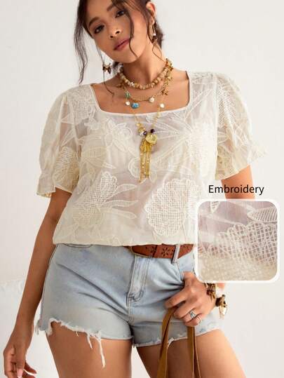 Freevana Plus Size Women's Summer Casual Vacation Floral Embroidery Bubble Ruffle Short Sleeve Semi-Sheer Blouse Boho Tops Business Casual Resort Wear Women Valentines Lace Cute Shirts Brunch Outfits For Women