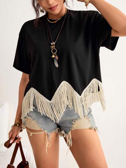 Freevana 大码休闲不对称流苏下摆短袖T恤，夏季