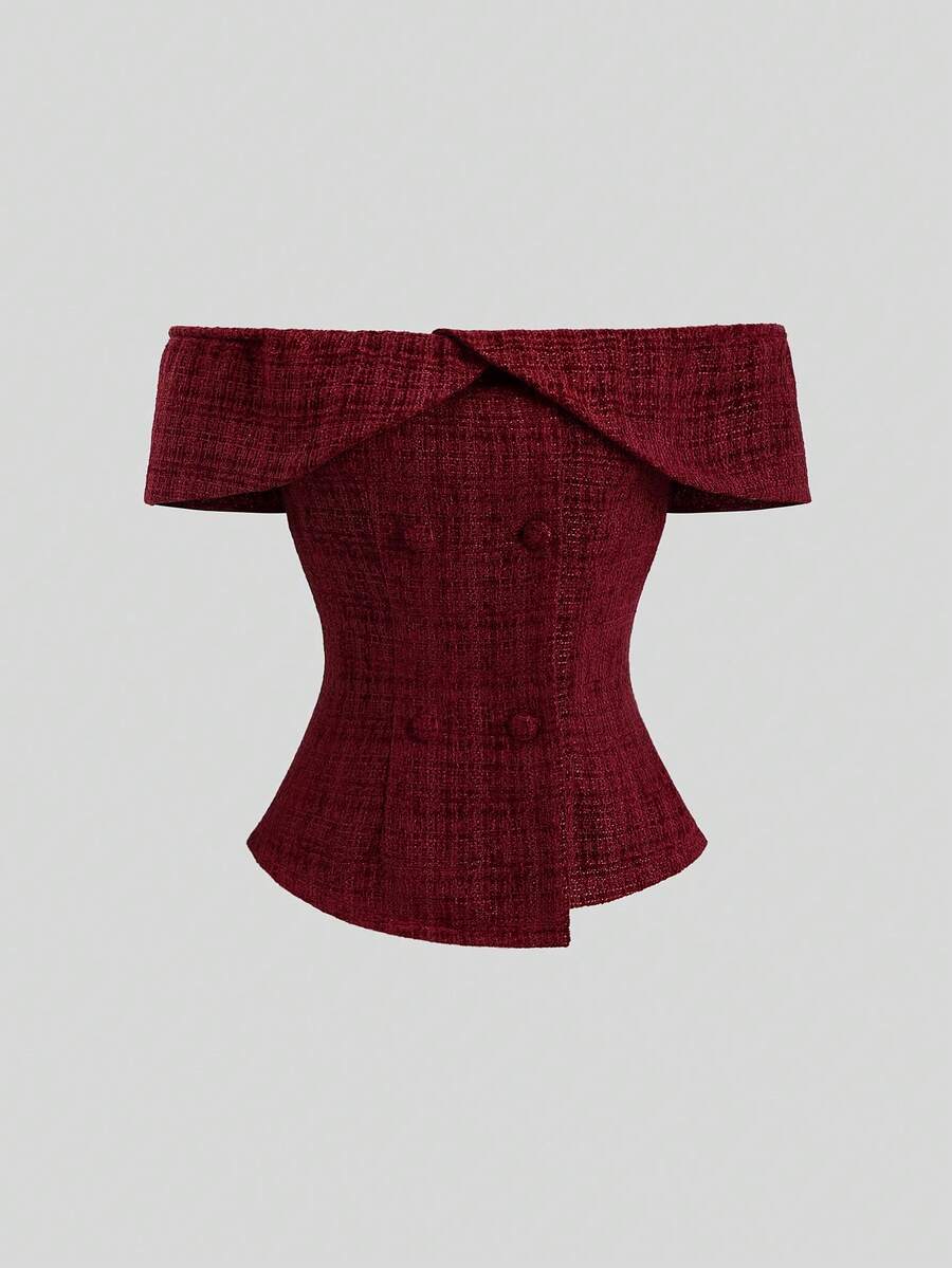 Sweetra Retro Off-Shoulder Design Collar Elegant Red Early Autumn Fashion Buckle Design French Elegant Versatile Commuter Chic Women Blazer - Burgundy - View 1